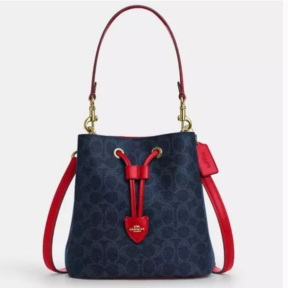Coach outlet item brand new Rowan Bucket Bag In Signature Canvas (Blue/Red) - Picture 1 of 13